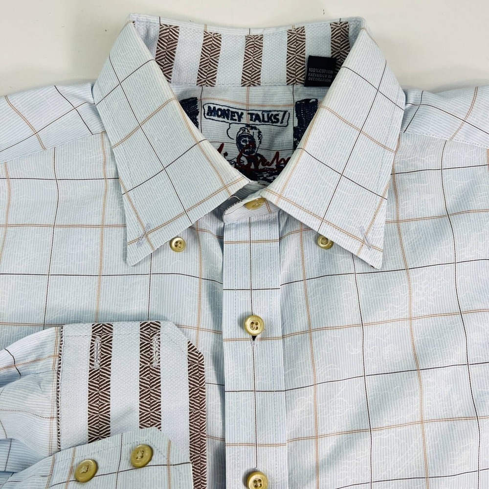 Robert Graham Money Talks Blue Brown Windowpane Paisley Cotton Shirt Mens XL